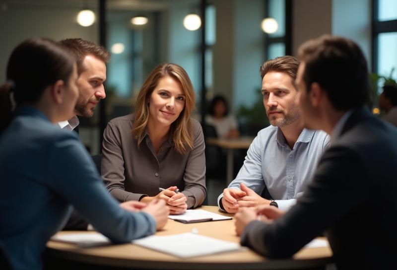 Apex Business Solutions team discussing strategy in an office setting.